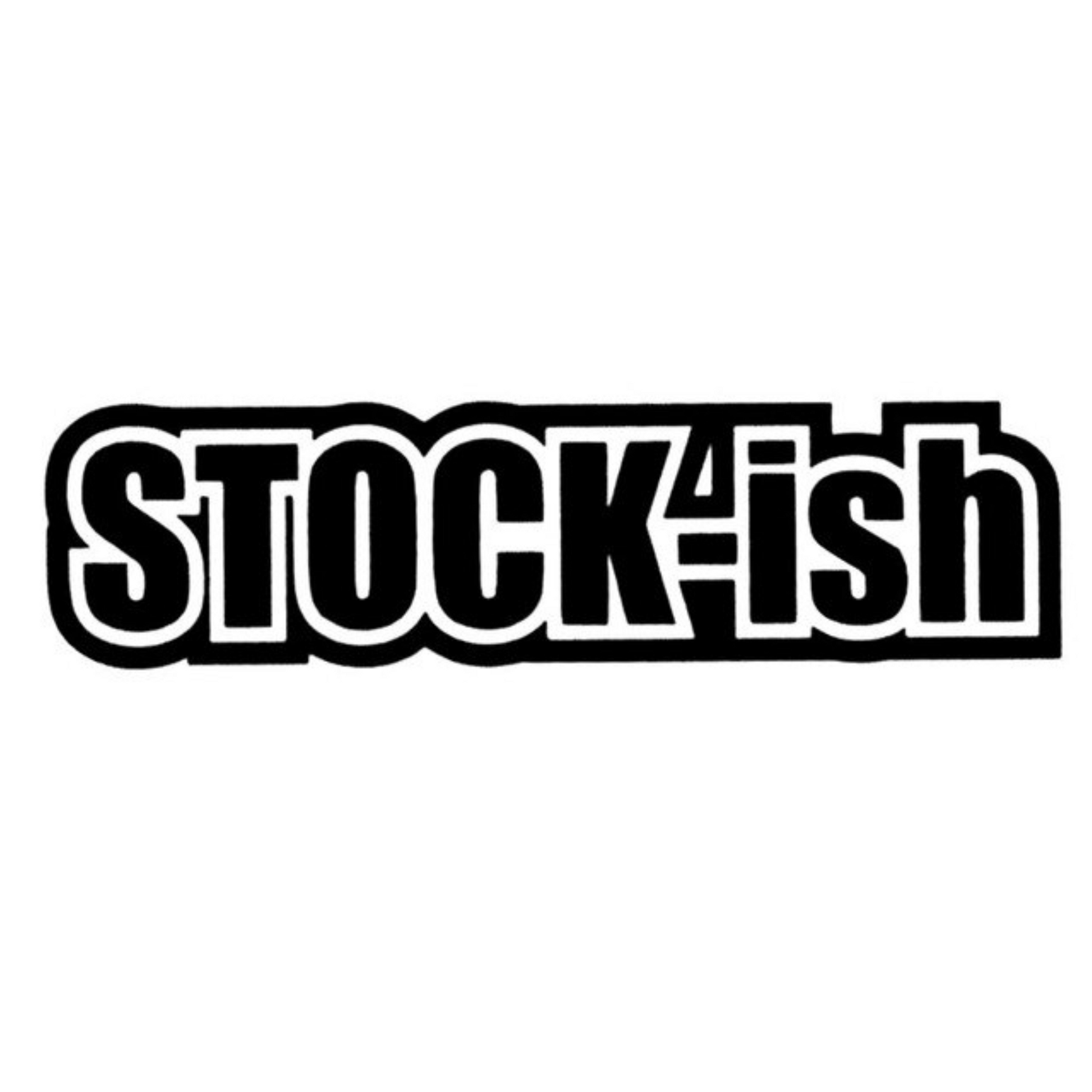 Black and white decal featuring the word “STOCKish” in bold block lettering with a thick outline.