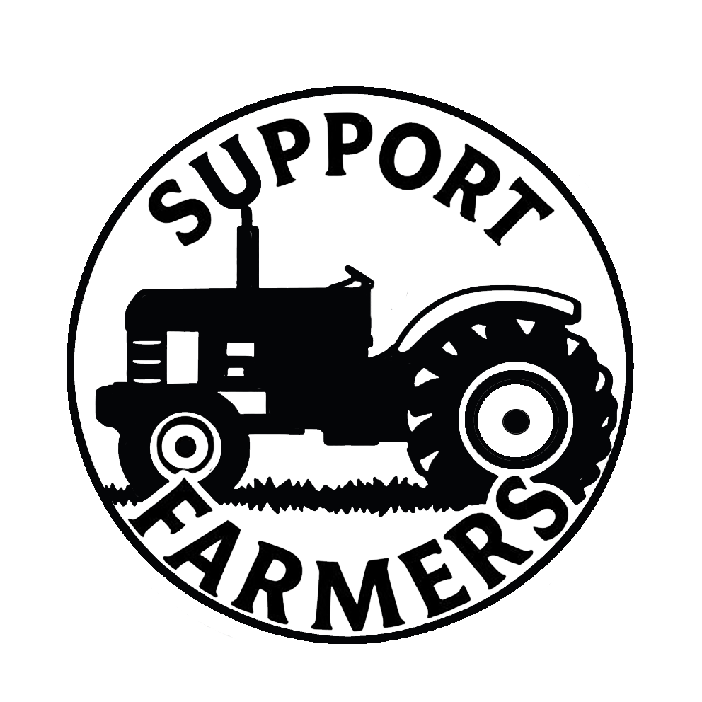 Black and white circular decal featuring a tractor with the words Support Farmers.