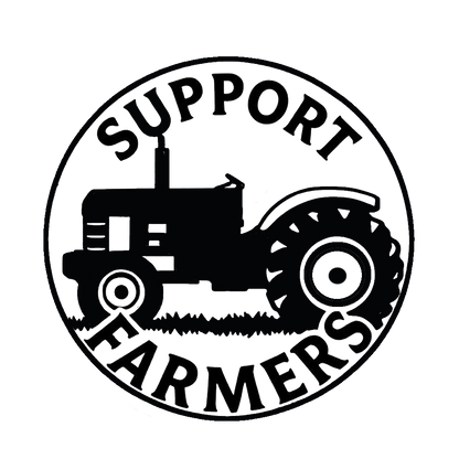 Black and white circular decal featuring a tractor with the words Support Farmers.