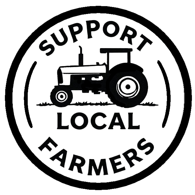 Round black and white decal featuring a tractor with the words “Support Local Farmers” and “Local” around the design.