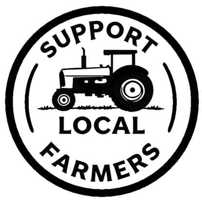 Round black and white decal featuring a tractor with the words “Support Local Farmers” and “Local” around the design.