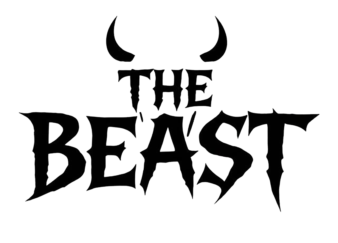 Black decal reading “THE BEAST” in bold gothic lettering with curved horn shapes above the text.