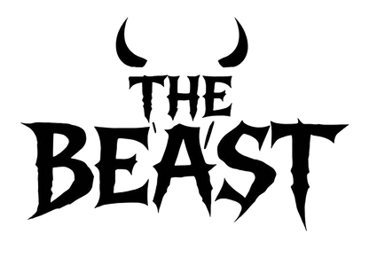 Black decal reading “THE BEAST” in bold gothic lettering with curved horn shapes above the text.