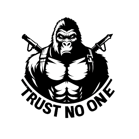 Black decal featuring a menacing hooded gorilla with crossed swords and the words Trust No One