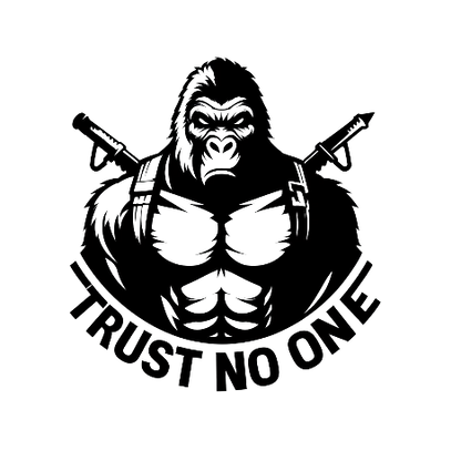 Black decal featuring a menacing hooded gorilla with crossed swords and the words Trust No One