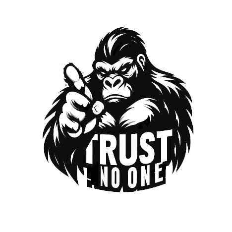 Black gorilla pointing forward above bold text reading “TRUST NO ONE”