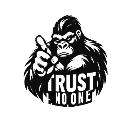 Black gorilla pointing forward above bold text reading “TRUST NO ONE”
