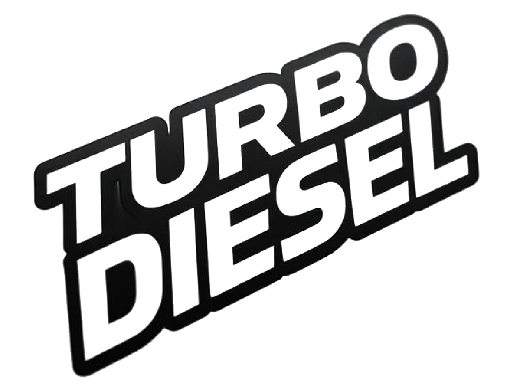 Bold black and white Turbo Diesel text decal in a slanted block-letter design.