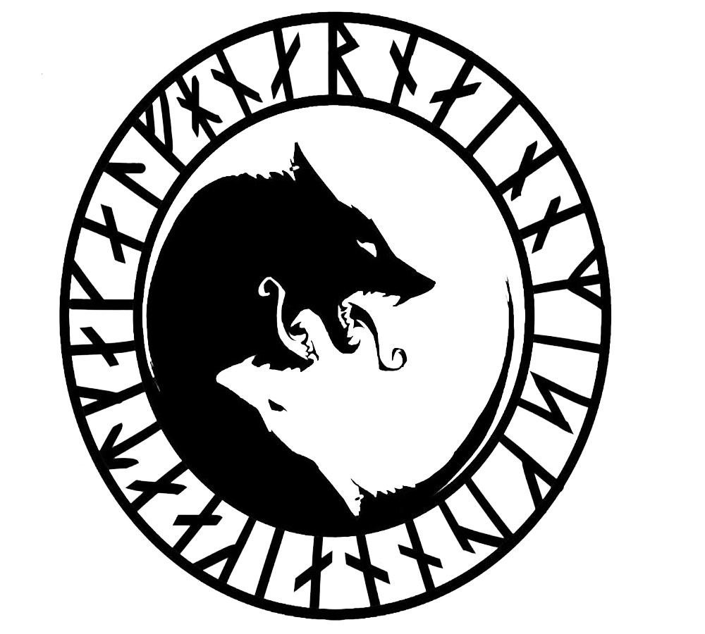 Black silhouette of a wolf inside a circular border decorated with Norse runes, forming a Viking-inspired decal design.