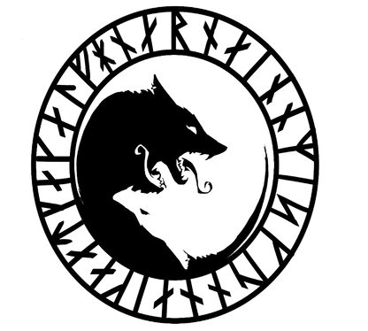 Black silhouette of a wolf inside a circular border decorated with Norse runes, forming a Viking-inspired decal design.