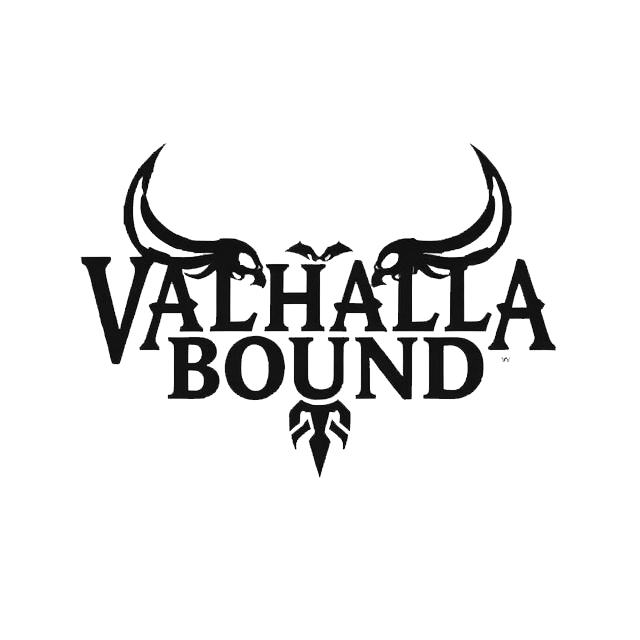 Black Valhalla Bound decal lettering with stylized Viking horns, winged details, and a rune symbol on a white background.