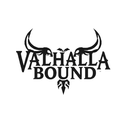 Black Valhalla Bound decal lettering with stylized Viking horns, winged details, and a rune symbol on a white background.