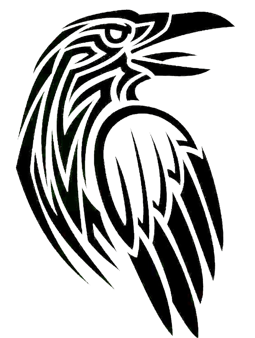 Black stylized raven decal with bold tribal-inspired feather and wing shapes on a white background.
