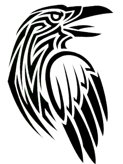Black stylized raven decal with bold tribal-inspired feather and wing shapes on a white background.