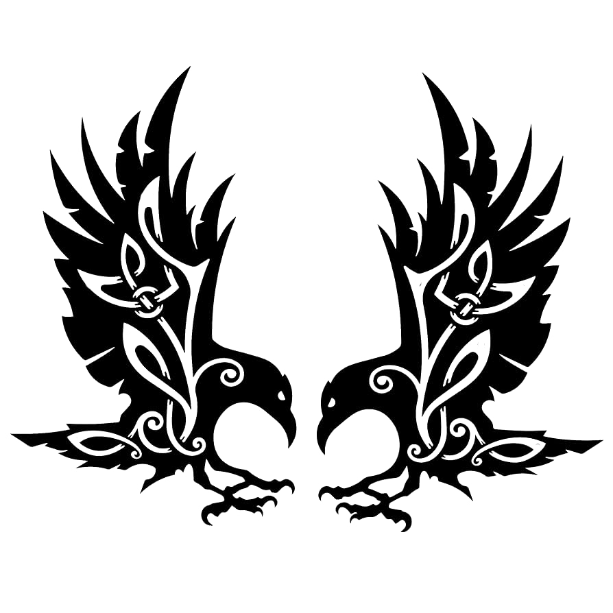 Black Viking Norse raven decal featuring two mirrored ravens with ornate feather and knotwork details