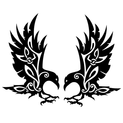 Black Viking Norse raven decal featuring two mirrored ravens with ornate feather and knotwork details
