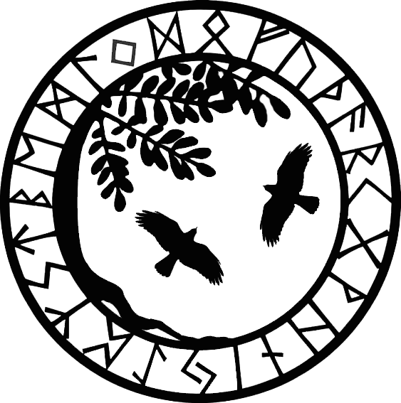Black and white decal showing two flying ravens inside a circular border decorated with Viking-style runes and leafy branches.