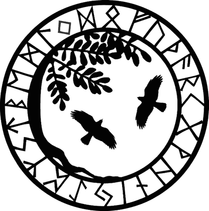 Black and white decal showing two flying ravens inside a circular border decorated with Viking-style runes and leafy branches.