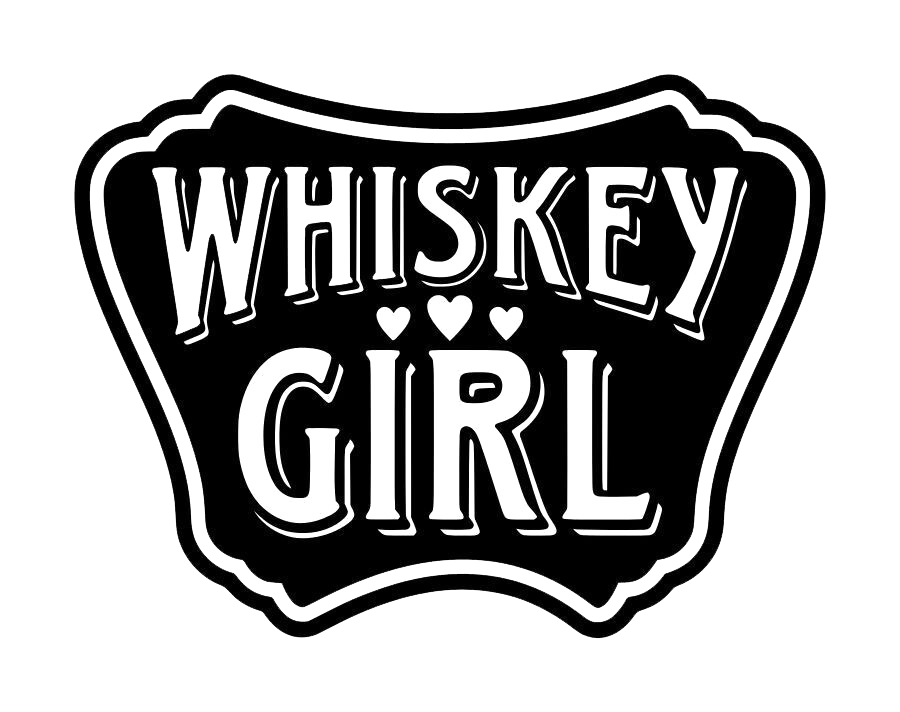 Black and white vintage-style badge decal reading “Whiskey Girl” with three hearts.