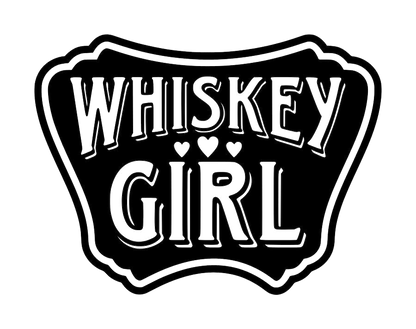 Black and white vintage-style badge decal reading “Whiskey Girl” with three hearts.
