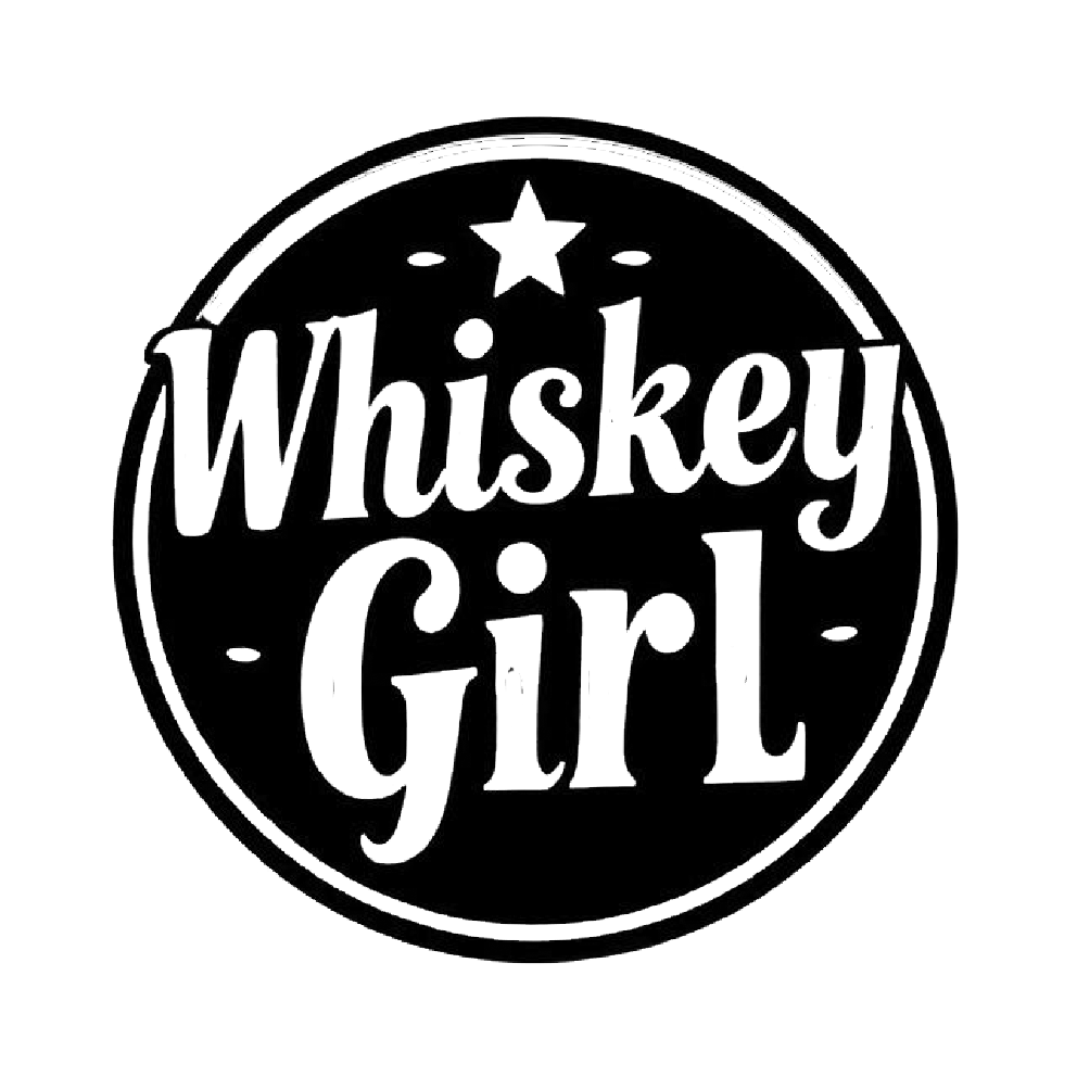 Round black-and-white decal featuring the words “Whiskey Girl” in bold vintage lettering, with a star and decorative border.