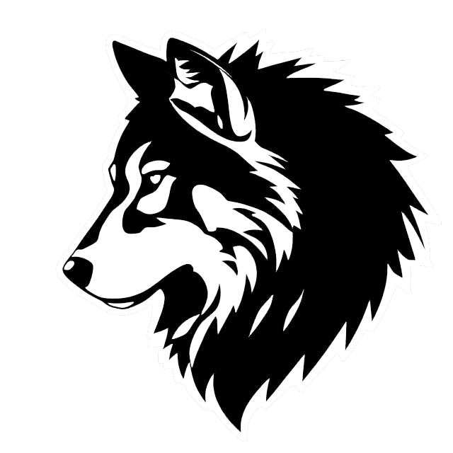 Black and white stylized wolf head decal in profile with bold graphic shapes and a large flowing mane.