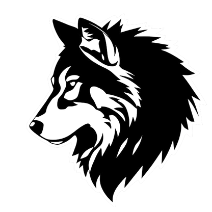 Black and white stylized wolf head decal in profile with bold graphic shapes and a large flowing mane.