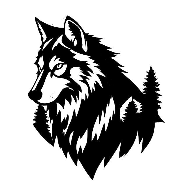 Black and white illustration of a wolf’s head surrounded by evergreen pine trees.