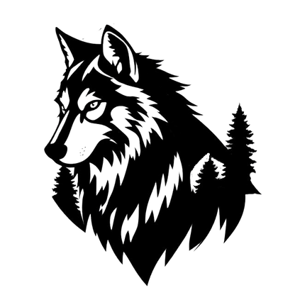 Black and white illustration of a wolf’s head surrounded by evergreen pine trees.