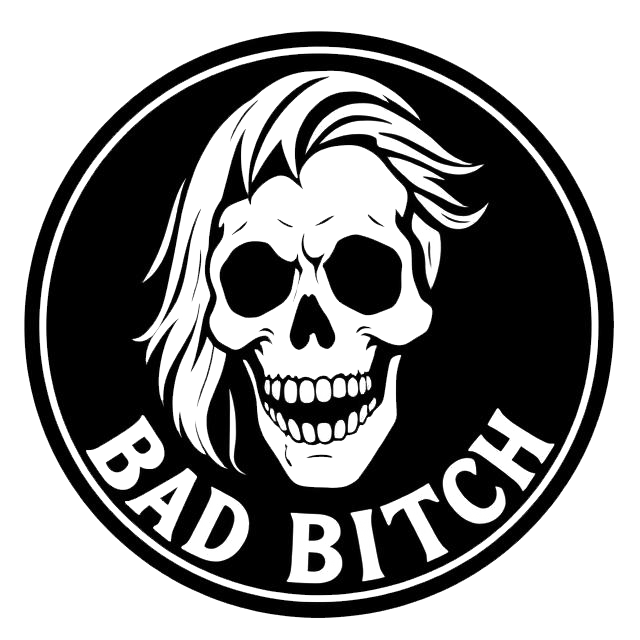 Black and white circular decal featuring a grinning skull with swept-back hair and the words “BAD BITCH” around the bottom.