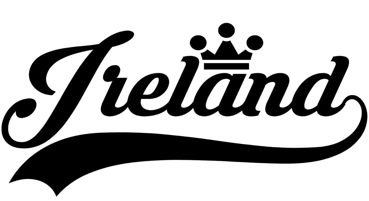 Black decorative Ireland text with a crown above the lettering and a sweeping underline.