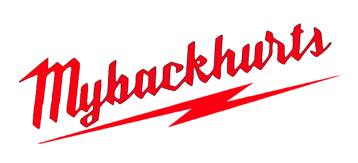Red script decal reading “My back hurts” with a stylized lightning bolt underneath.