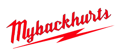 Red script decal reading “My back hurts” with a stylized lightning bolt underneath.