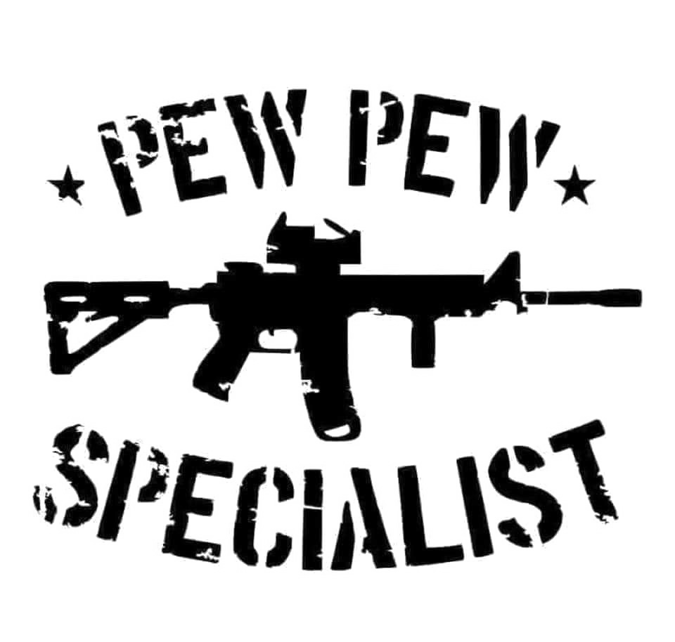 Black distressed decal reading “PEW PEW SPECIALIST” with stars and a rifle silhouette between the words.