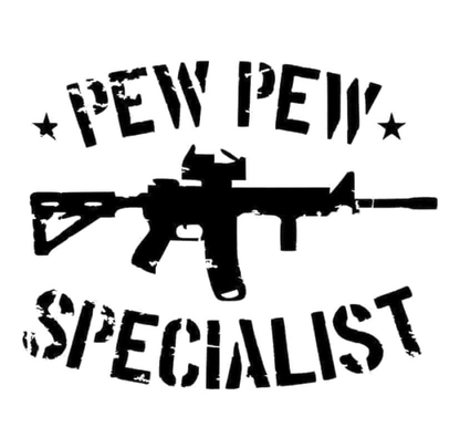 Black distressed decal reading “PEW PEW SPECIALIST” with stars and a rifle silhouette between the words.