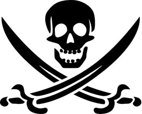 Black pirate skull with crossed curved swords beneath it on a white background