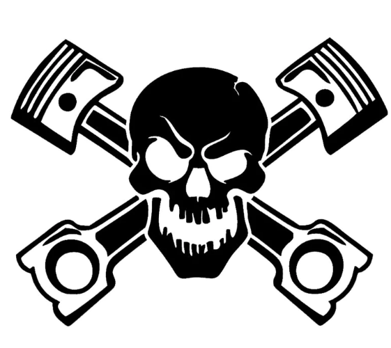 Black skull with crossed engine pistons decal on a white background.