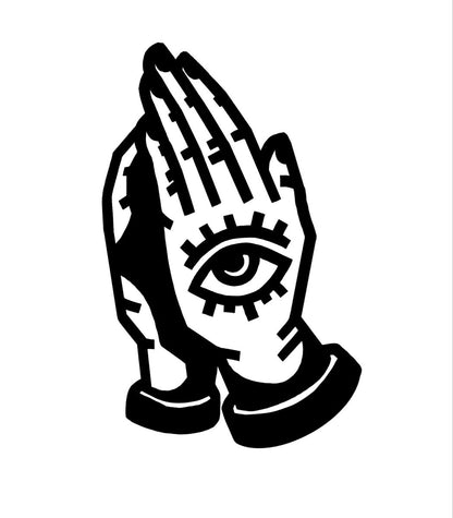 Black and white decal showing praying hands with an all-seeing eye on the palms.