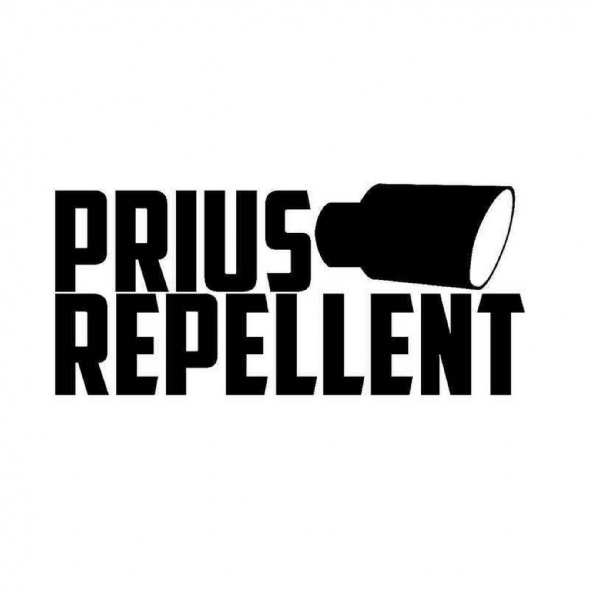 Black and white humorous vinyl decal reading “Prius Repellent” with a spray can graphic.