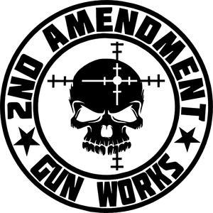Black and white circular 2nd Amendment Gun Works decal featuring a skull with crosshair markings and stars