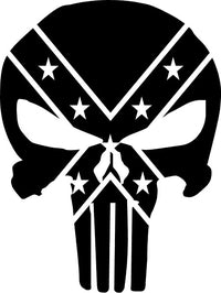Black and white Punisher-style comic skull decal with crossed lines and star details