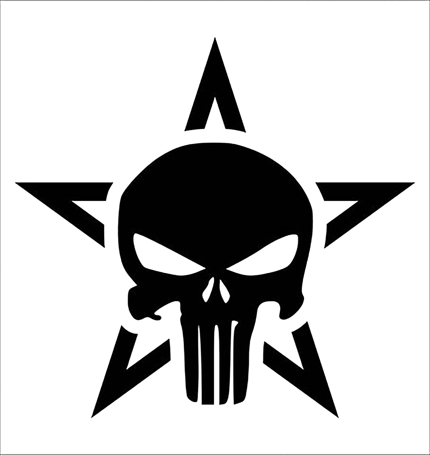 Black skull decal with a pointed starburst design extending around the skull on a white background.