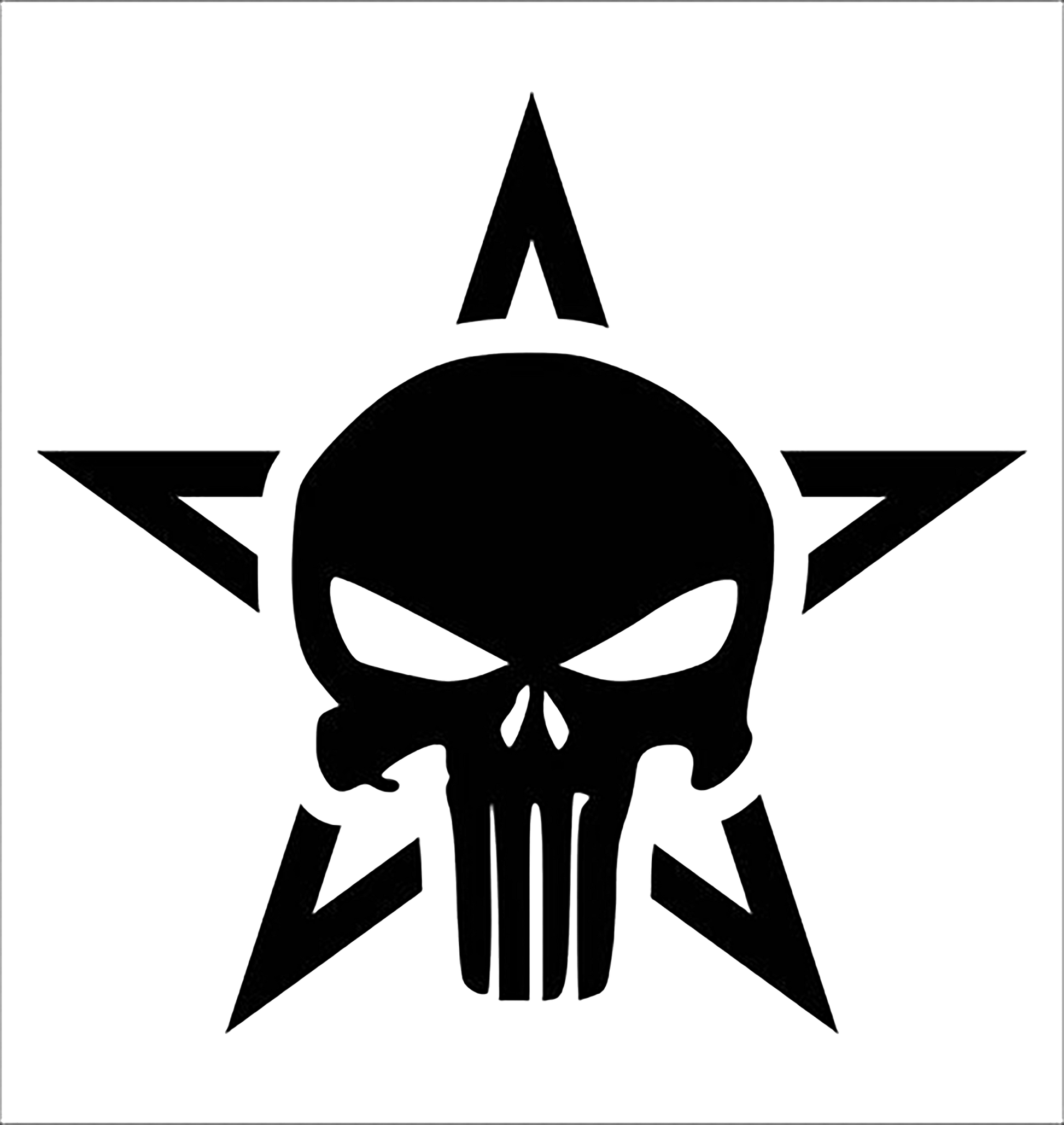 Black skull decal with a pointed starburst design extending around the skull on a white background.