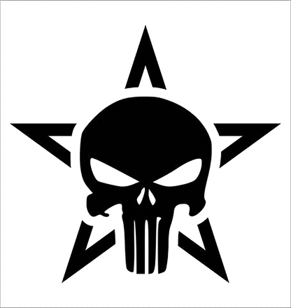 Black skull decal with a pointed starburst design extending around the skull on a white background.