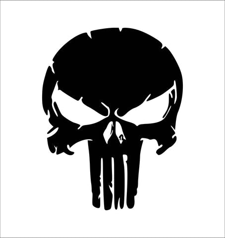 Large black Punisher-style skull decal with hollow eyes and elongated teeth on a white background