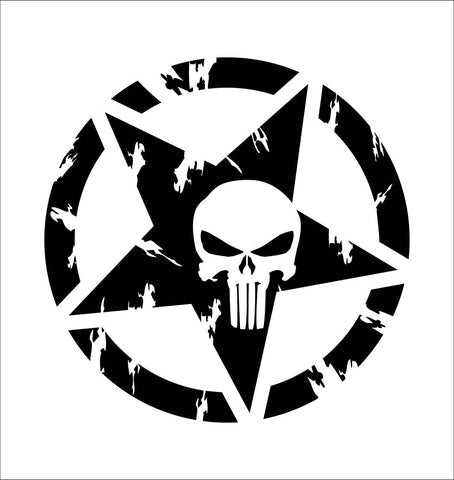 Black distressed Punisher-style skull centered inside a five-point star and circular emblem on a white background.