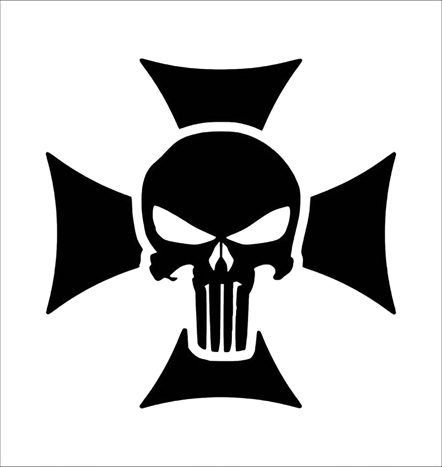 Black stylized skull emblem with narrowed eyes and elongated teeth, centered over a four-point cross shape on a white background.
