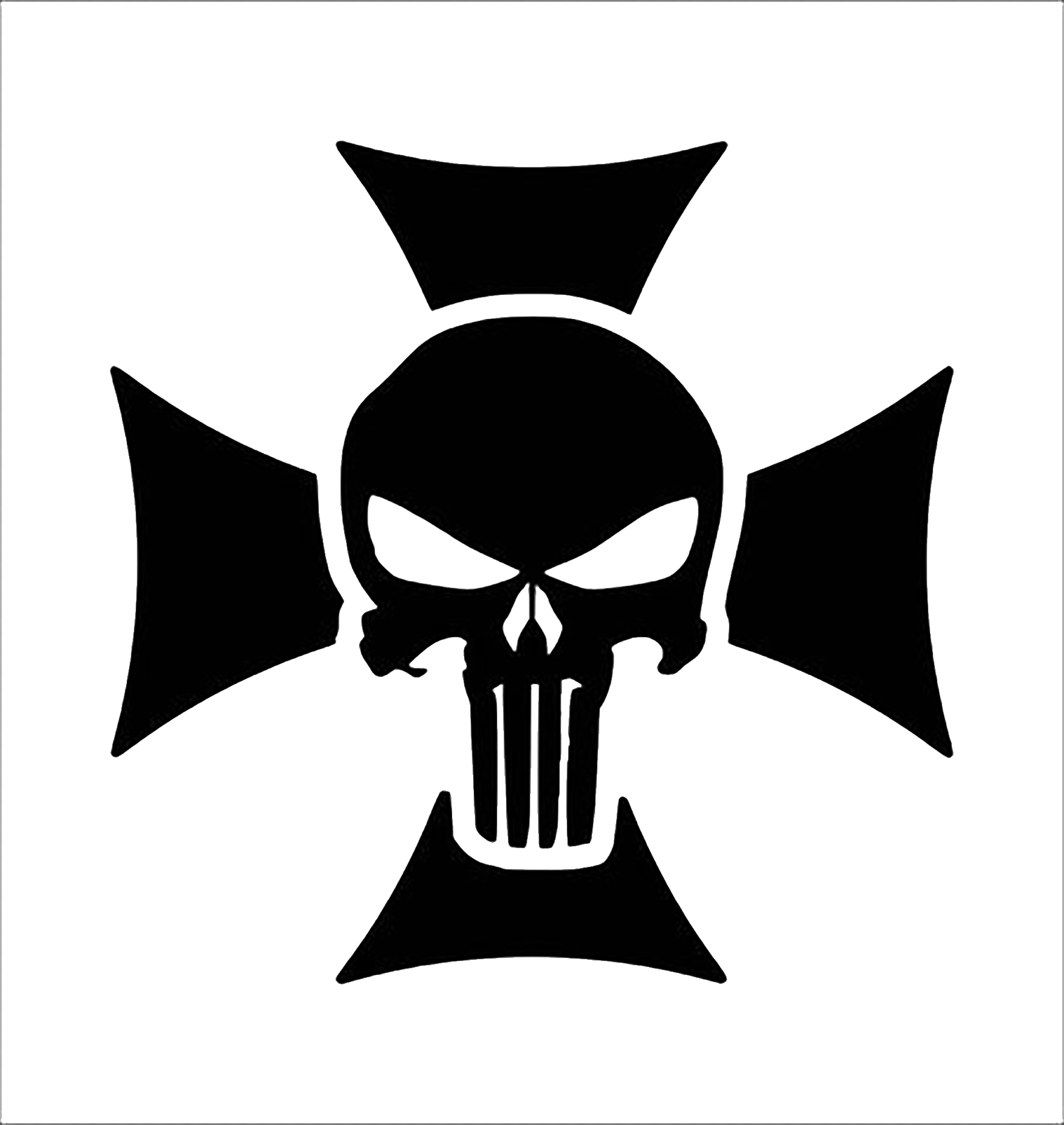 Black stylized skull emblem with narrowed eyes and elongated teeth, centered over a four-point cross shape on a white background.