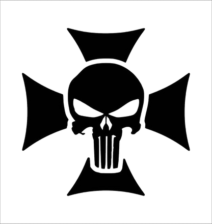 Black stylized skull emblem with narrowed eyes and elongated teeth, centered over a four-point cross shape on a white background.