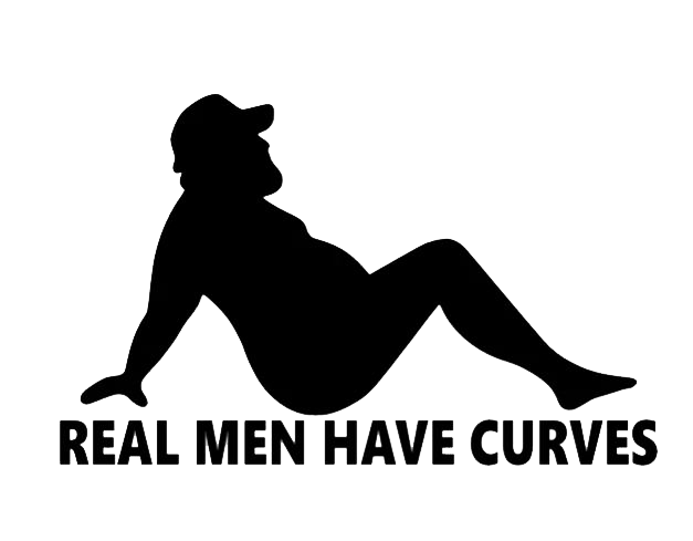 Black silhouette of a reclining person wearing a cap above the text “Real Men Have Curves.”